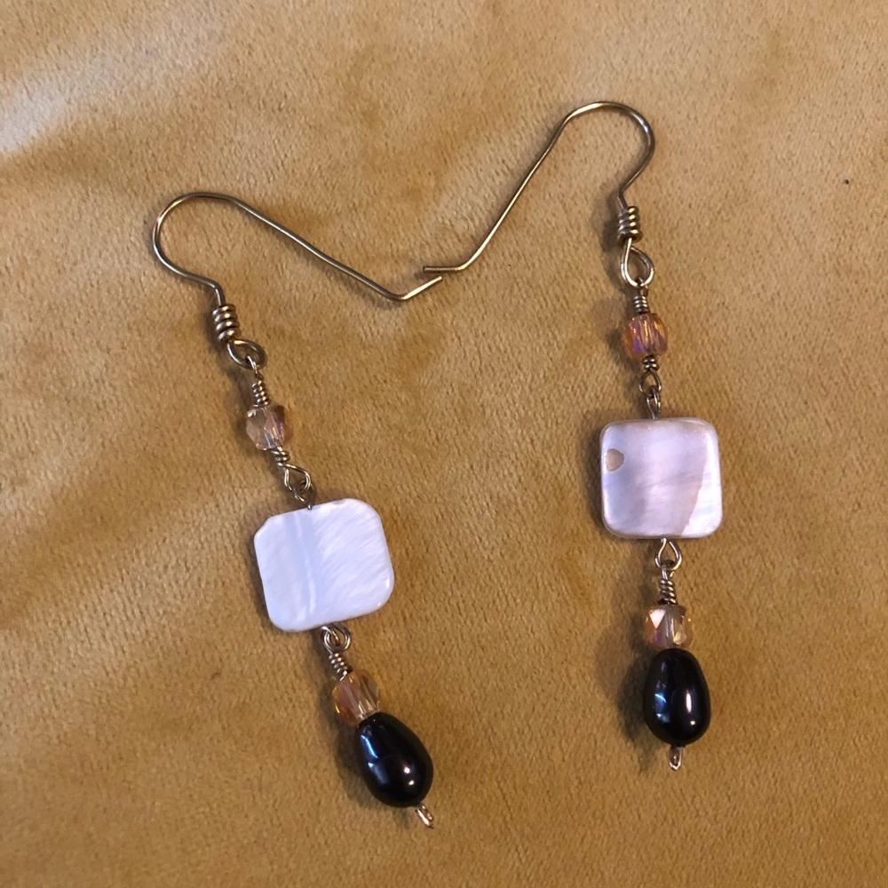 Square Shell Brown Peach White Dangle Earrings 3.5" Drop Statement Jewelry